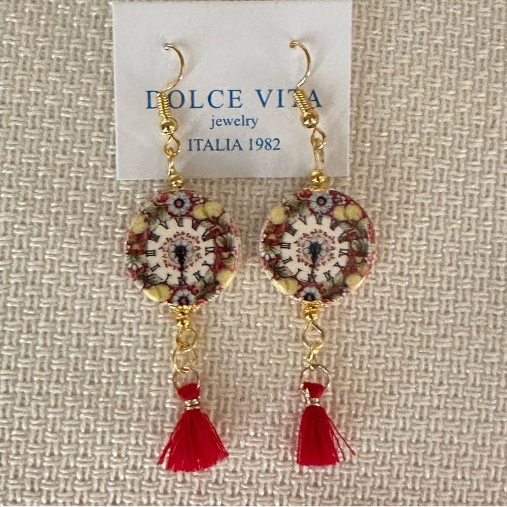 Dolce Vita x Anthro Rounded Roman Numeral Coral Clock Art Tassel Earrings